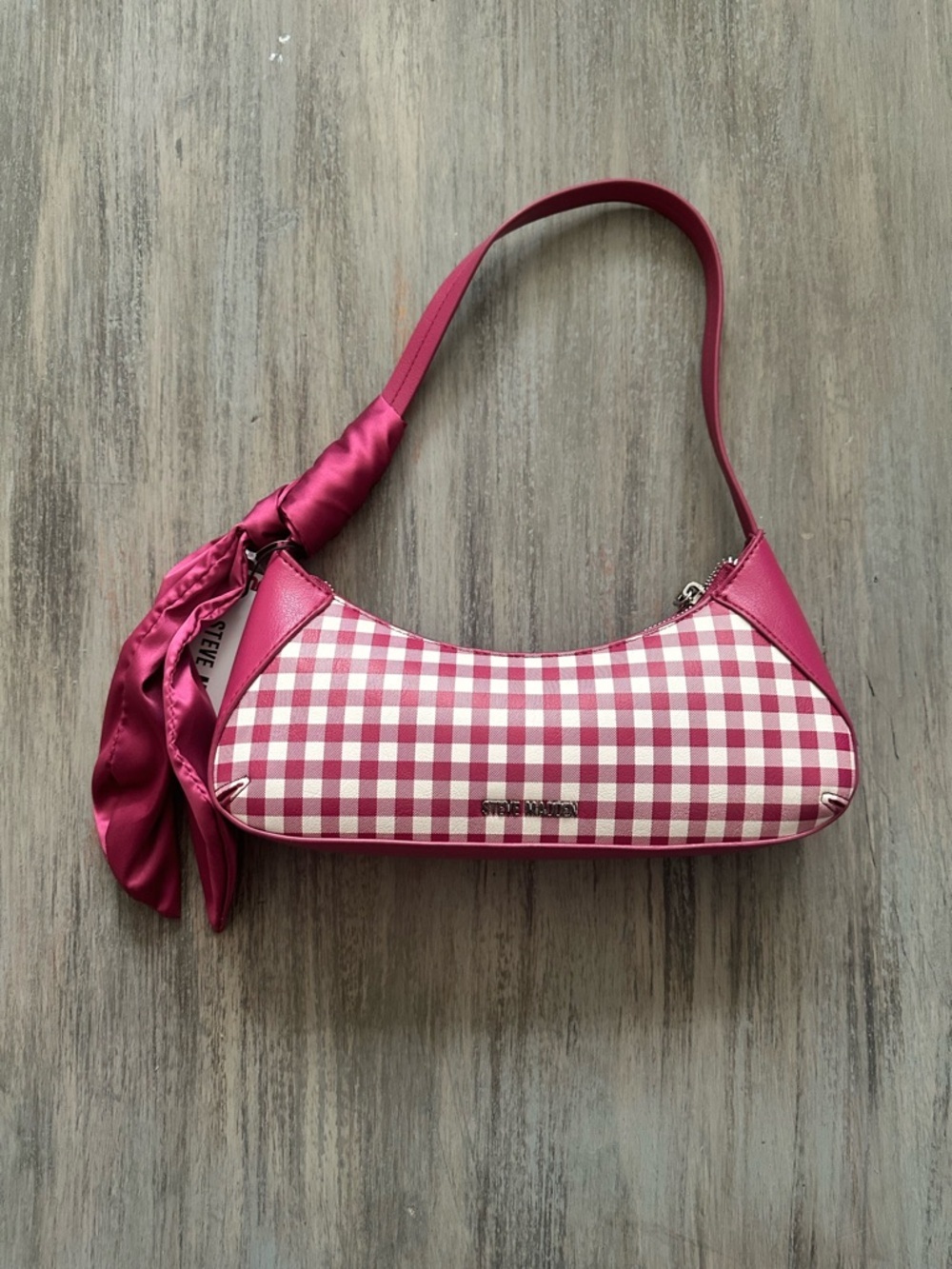 Steve Madden Pink Gingham Shoulder Bag with Scarf Detail
